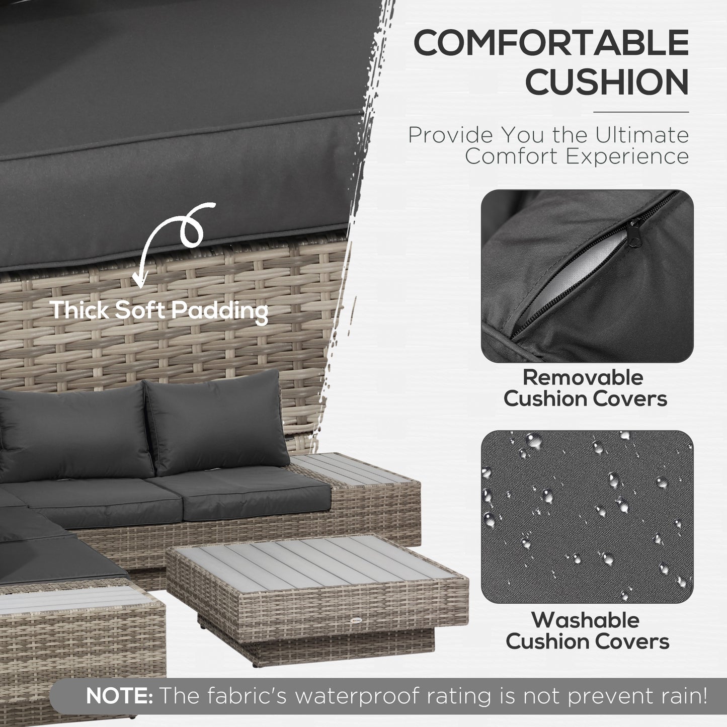 Outsunny 5-Seater Rattan Garden Furniture Outdoor Sectional Corner Sofa and Coffee Table Set Conservatory Wicker Weave w/ Armrest Cushions, Light Grey