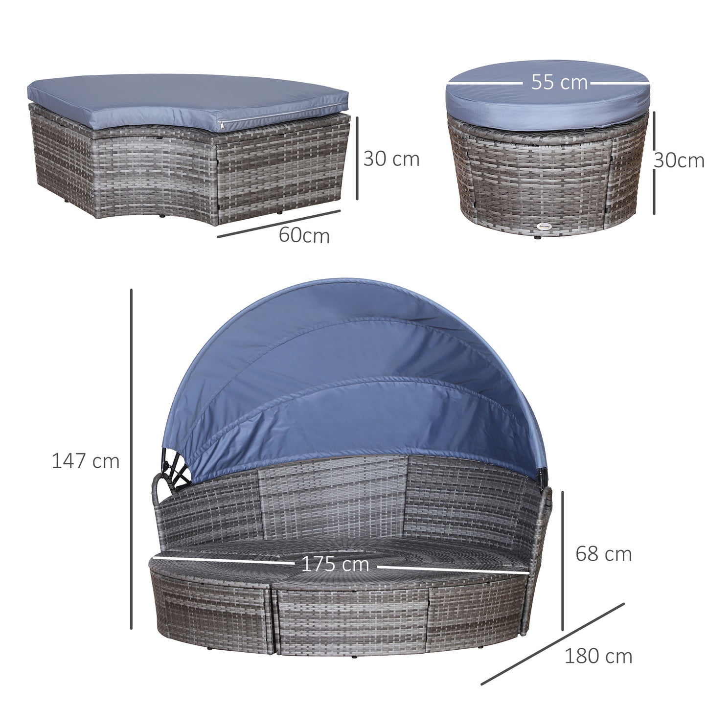 Outsunny 6-Seater Rattan Sofa Bed Garden Furniture Cushioned Wicker Round Sofa Bed with Coffee Table Patio Conversation Furniture Set - Grey