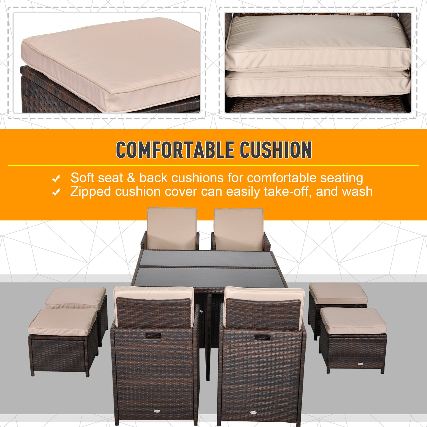 Outsunny 9PC Rattan Garden Furniture Set 8-seater Wicker Outdoor Dining Set Chairs + Footrest + Table Thick Cushion - Brown