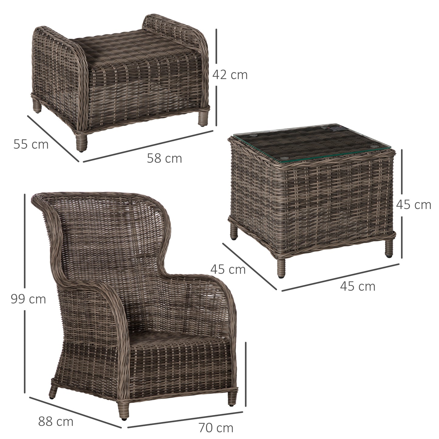 Outsunny Deluxe Garden Rattan Furniture Sofa Chair & Stool Table Set Patio Wicker Weave Furniture Set Aluminium Frame Fully-assembly - Brown
