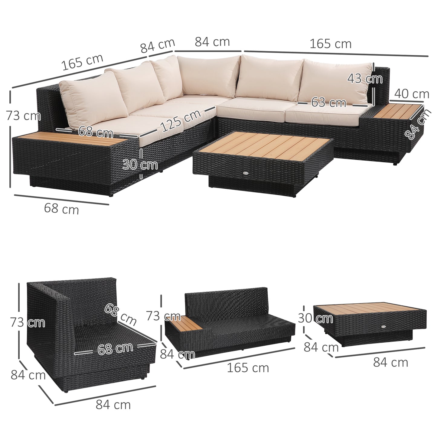 Outsunny 5-Seater Rattan Garden Furniture Outdoor Sectional Corner Sofa and Coffee Table Set Conservatory Wicker Weave w/ Armrest and Cushions, Black