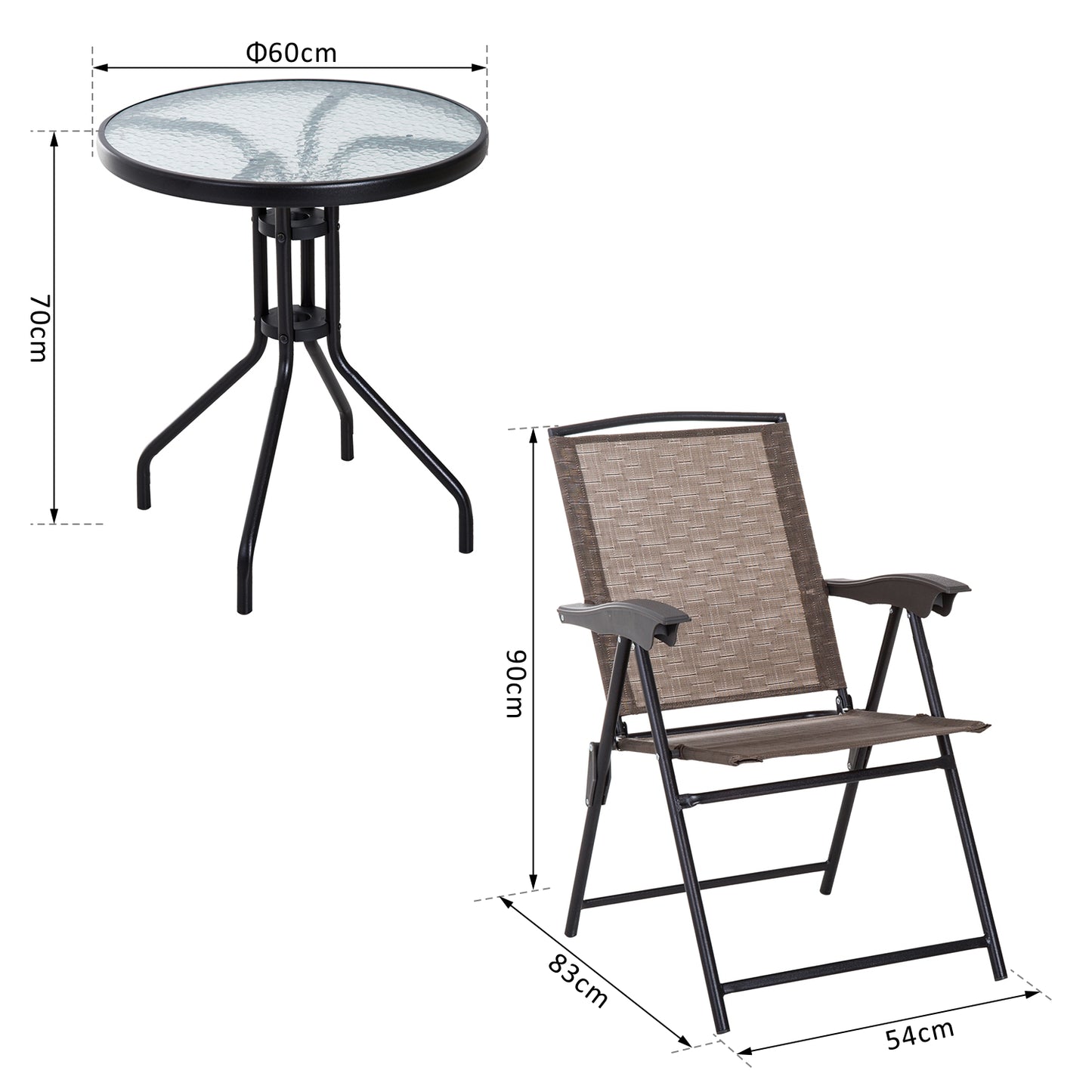 Outsunny 3 Piece Patio Furniture Garden Bistro Set Outdoor 2 Folding Chairs 1 Tempered Glass Table Adjustable Backrest Metal - Brown