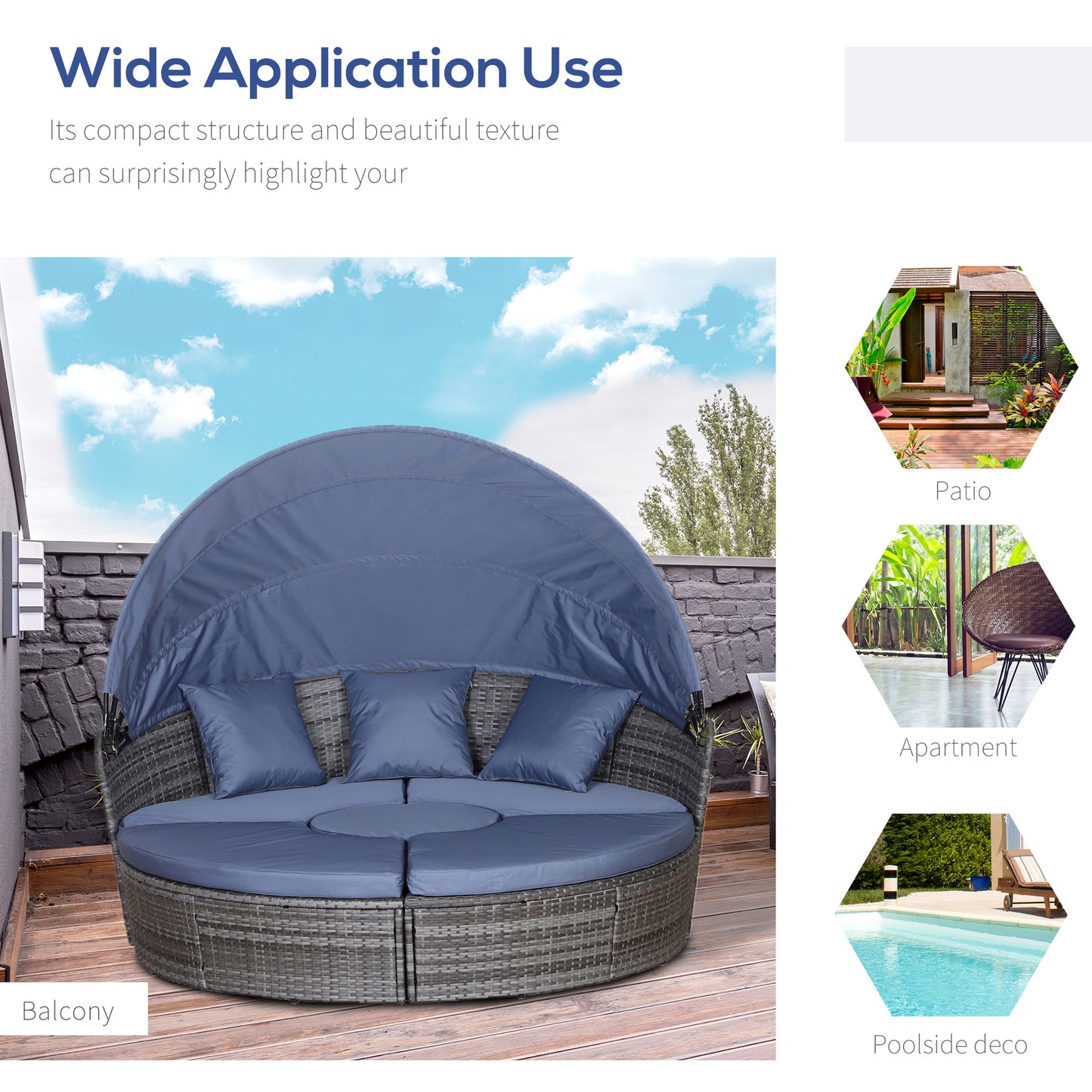 Outsunny 6-Seater Rattan Sofa Bed Garden Furniture Cushioned Wicker Round Sofa Bed with Coffee Table Patio Conversation Furniture Set - Grey