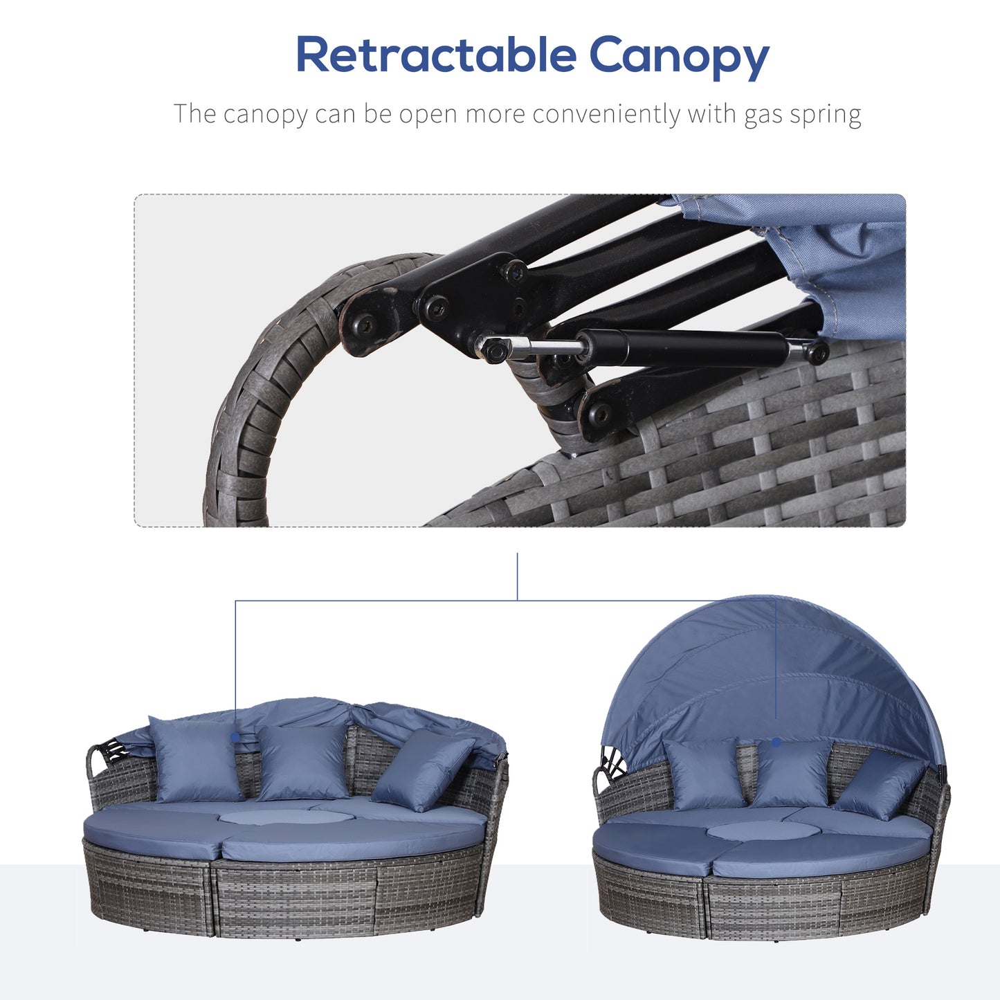 Outsunny 6-Seater Rattan Sofa Bed Garden Furniture Cushioned Wicker Round Sofa Bed with Coffee Table Patio Conversation Furniture Set - Grey