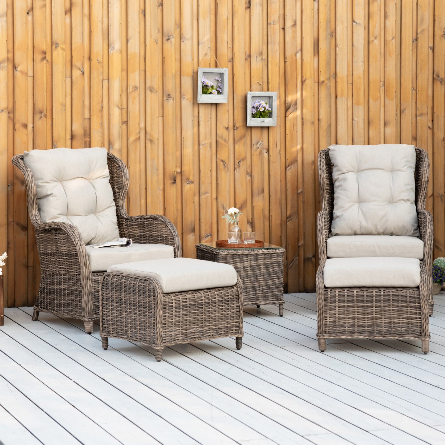 Outsunny Deluxe Garden Rattan Furniture Sofa Chair & Stool Table Set Patio Wicker Weave Furniture Set Aluminium Frame Fully-assembly - Brown