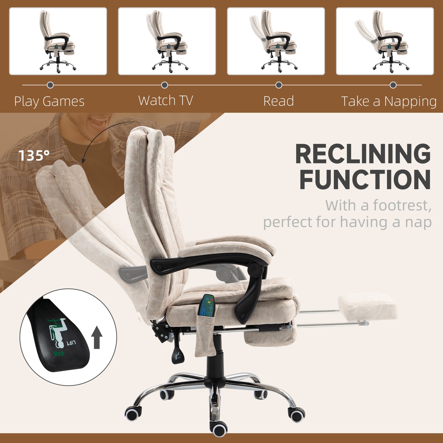 Vinsetto Vibrating Massage Office Chair with Heat, Desk Chair with Height Adjustable and Footrest, Cream White