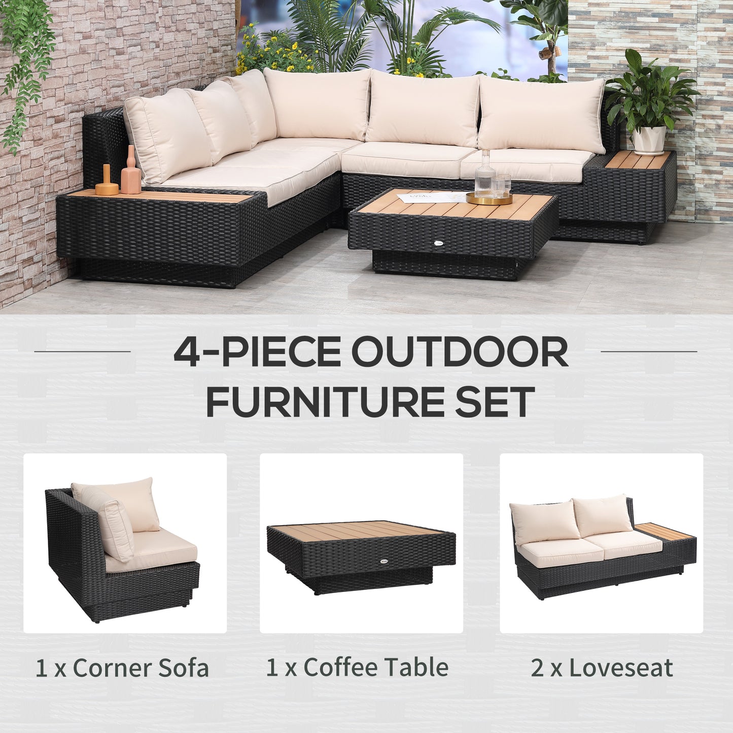 Outsunny 5-Seater Rattan Garden Furniture Outdoor Sectional Corner Sofa and Coffee Table Set Conservatory Wicker Weave w/ Armrest and Cushions, Black