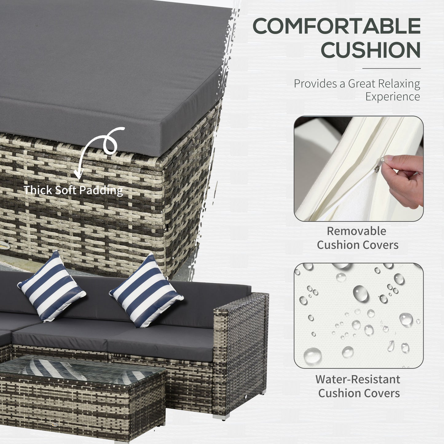 Outsunny 4-Seater Garden Rattan Furniture Set, Outdoor Sectional Conversation PE Rattan Sofa Set, with Cushions Pillows and Glass Table, Mixed Grey