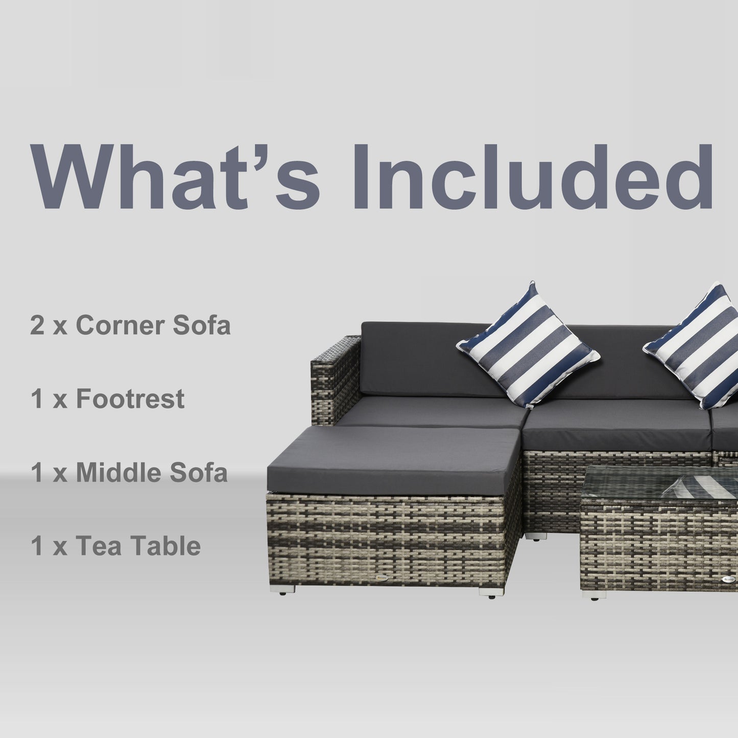 Outsunny 4-Seater Garden Rattan Furniture Set, Outdoor Sectional Conversation PE Rattan Sofa Set, with Cushions Pillows and Glass Table, Mixed Grey