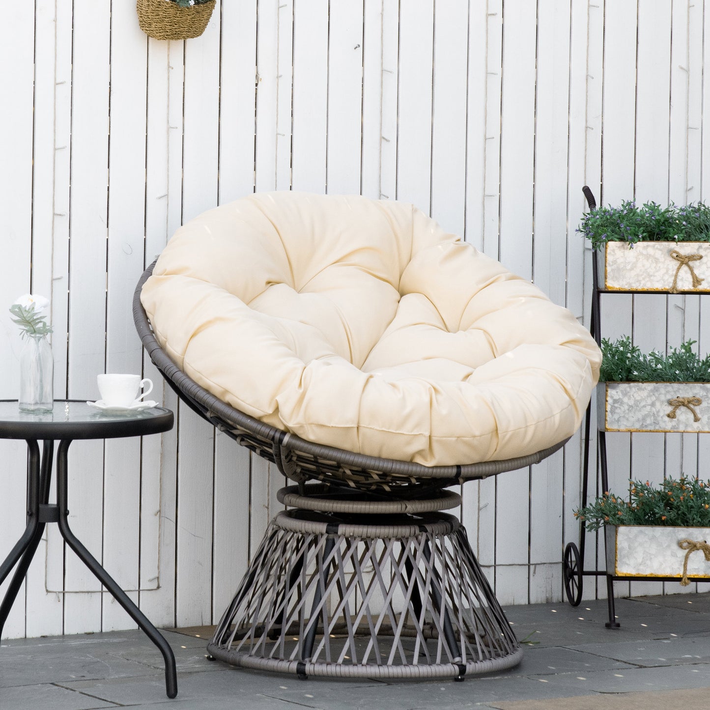 Outsunny Rattan Moon Chair, 360° Swivel Outdoor Wicker Chair with Soft Cushion, Weatherproof, UV Resistance, Grey | Chahine & Milad UK