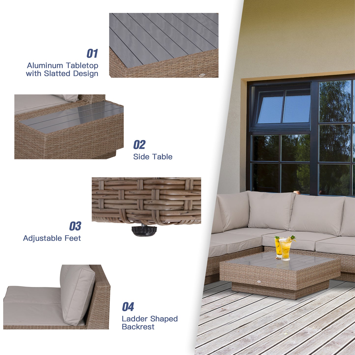 Outsunny 5-Seater Rattan Garden Furniture Outdoor Sectional Corner Sofa and Coffee Table Set Conservatory Wicker Weave w/ Armrest Cushions, Beige