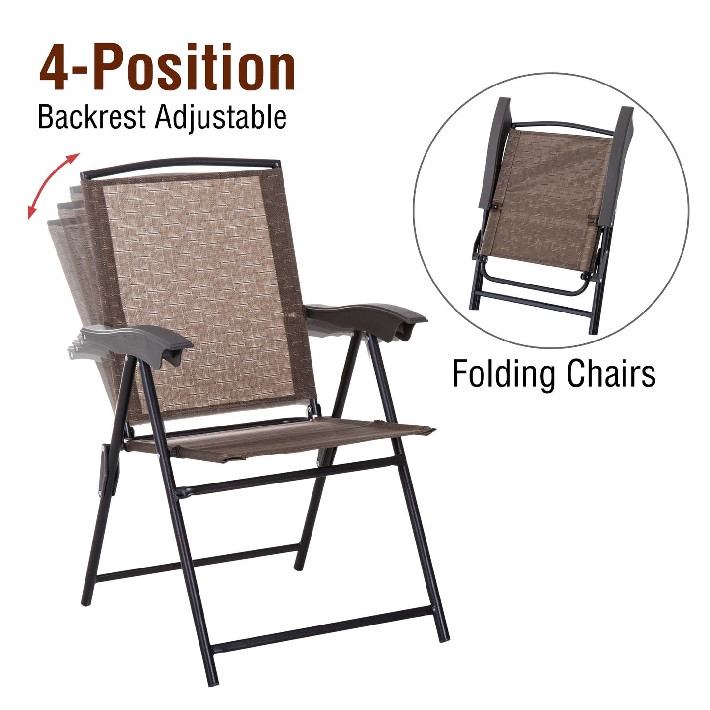 Outsunny 3 Piece Patio Furniture Garden Bistro Set Outdoor 2 Folding Chairs 1 Tempered Glass Table Adjustable Backrest Metal - Brown