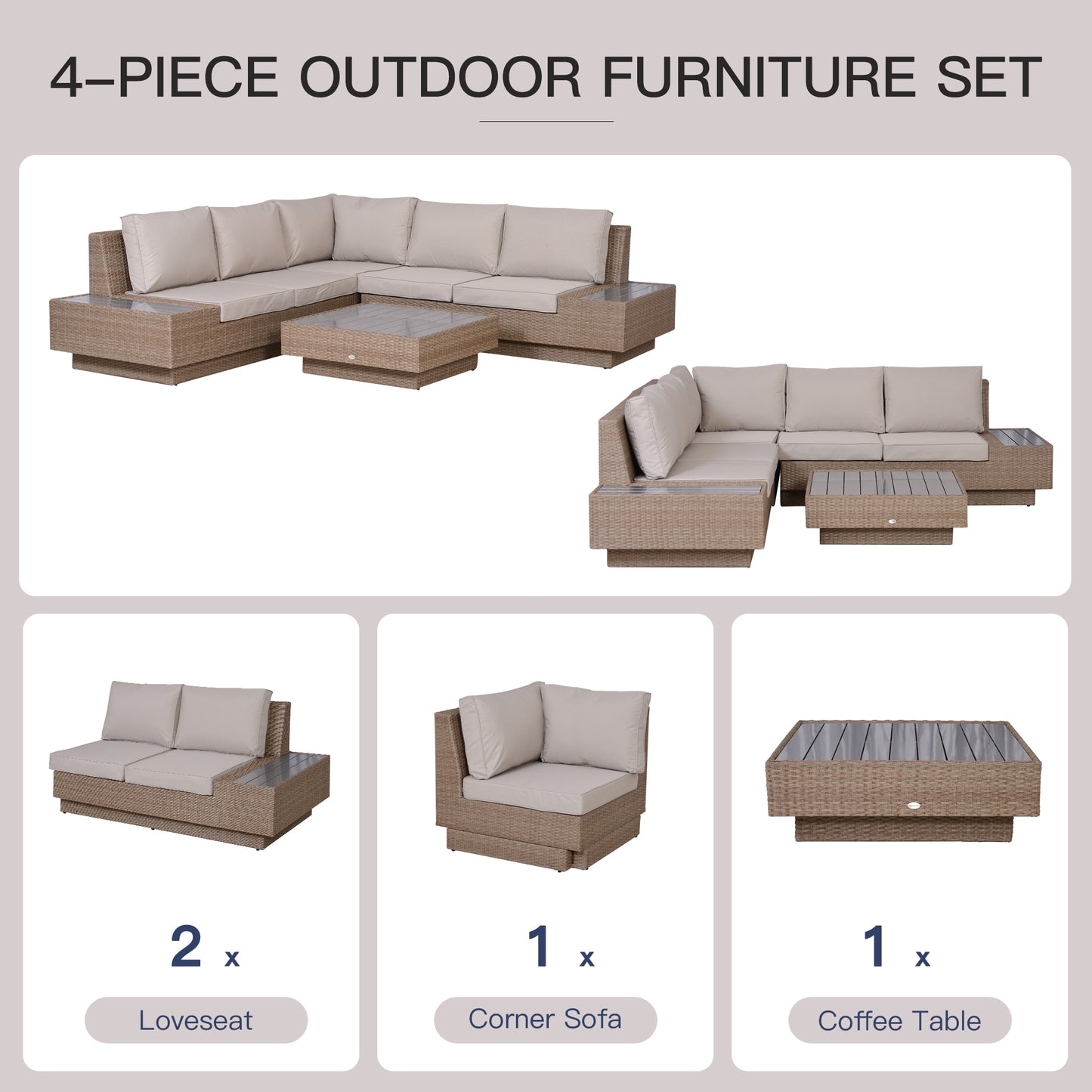 Outsunny 5-Seater Rattan Garden Furniture Outdoor Sectional Corner Sofa and Coffee Table Set Conservatory Wicker Weave w/ Armrest Cushions, Beige