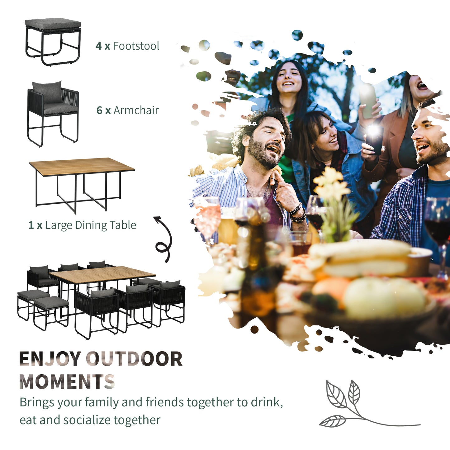 Outsunny Patio 11 PCs PE Rattan Dining Set, Garden Round Wicker 10-seater Table & Chair Sets, with Wood Grain Plastic Top, Space-saving Design Black