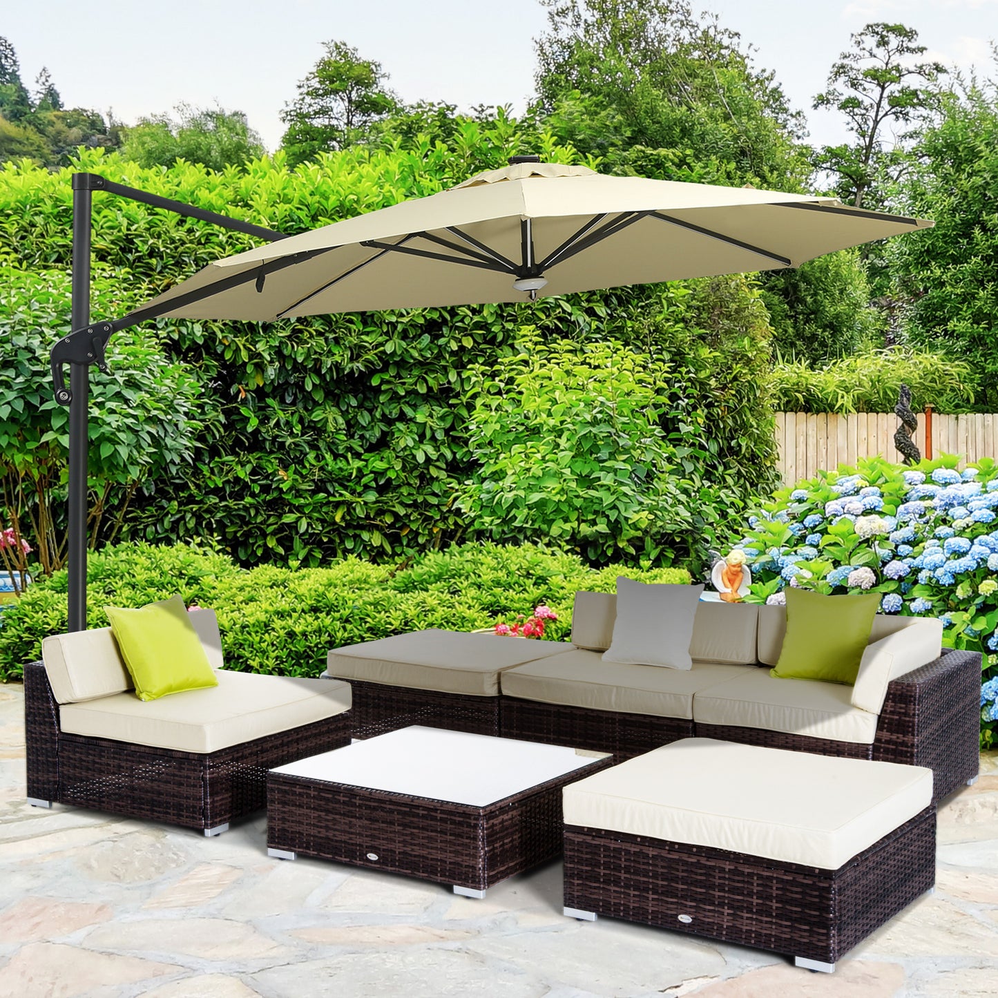 Outsunny 5-Seater Rattan Sofa Coffee Table Set Sectional Wicker Weave Furniture for Garden Outdoor Conservatory w/ Pillow Cushion Brown