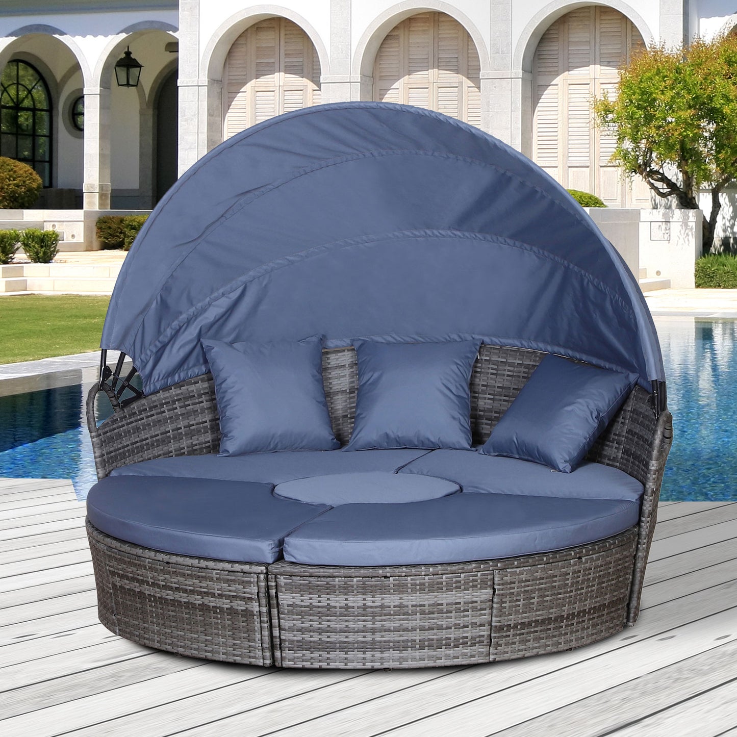 Outsunny 6-Seater Rattan Sofa Bed Garden Furniture Cushioned Wicker Round Sofa Bed with Coffee Table Patio Conversation Furniture Set - Grey
