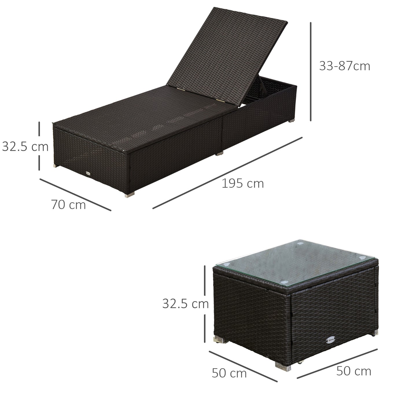 Outsunny 3PC Rattan Sun Lounger Garden Outdoor Wicker Recliner Bed Side Table Set Patio Furniture Dark Coffee