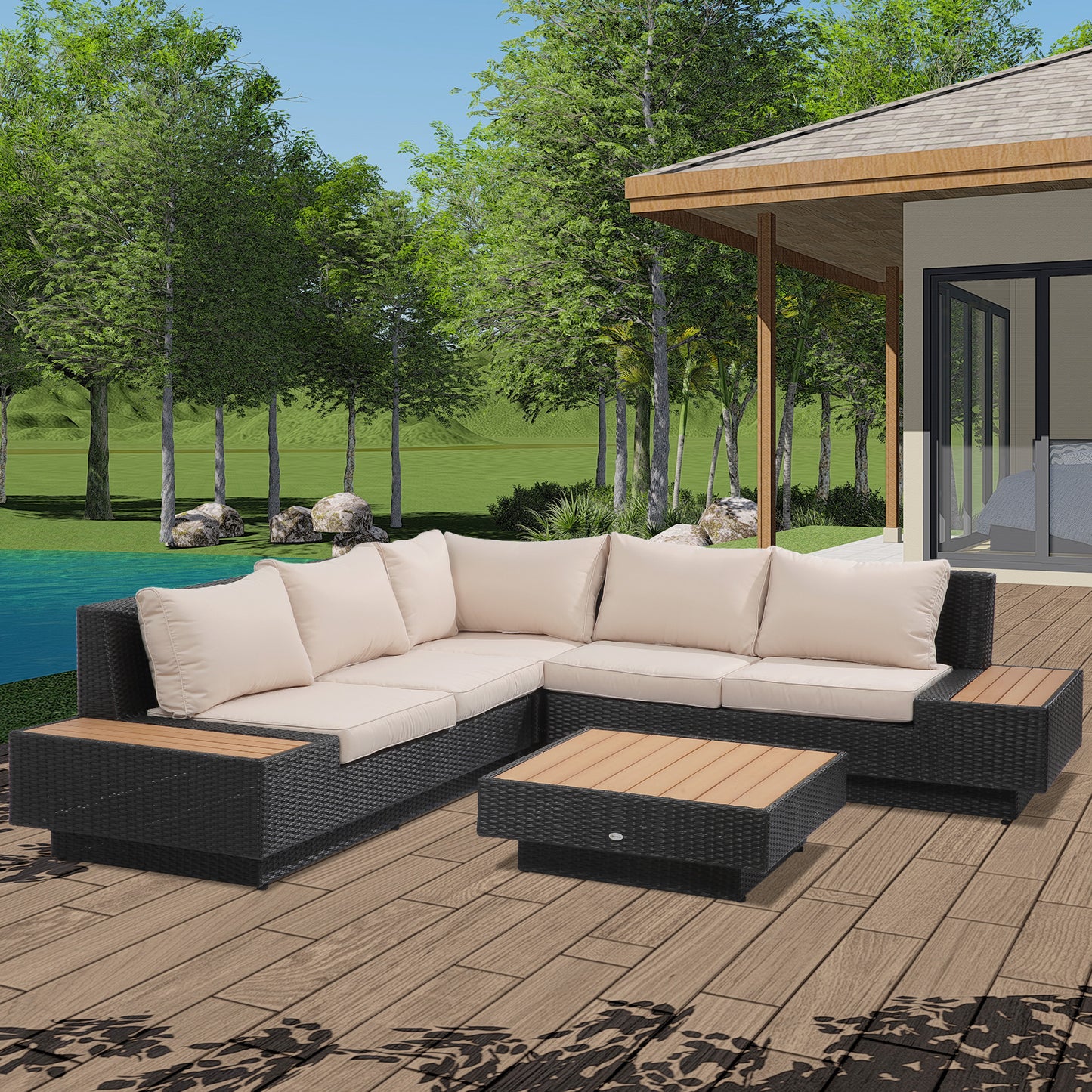 Outsunny 5-Seater Rattan Garden Furniture Outdoor Sectional Corner Sofa and Coffee Table Set Conservatory Wicker Weave w/ Armrest and Cushions, Black