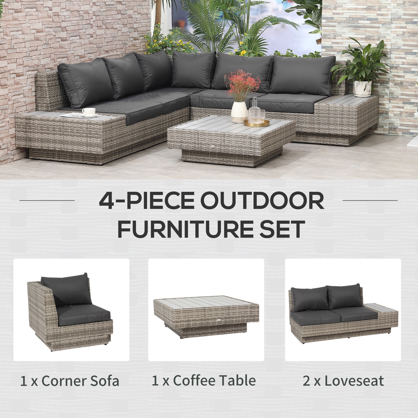 Outsunny 5-Seater Rattan Garden Furniture Outdoor Sectional Corner Sofa and Coffee Table Set Conservatory Wicker Weave w/ Armrest Cushions, Light Grey