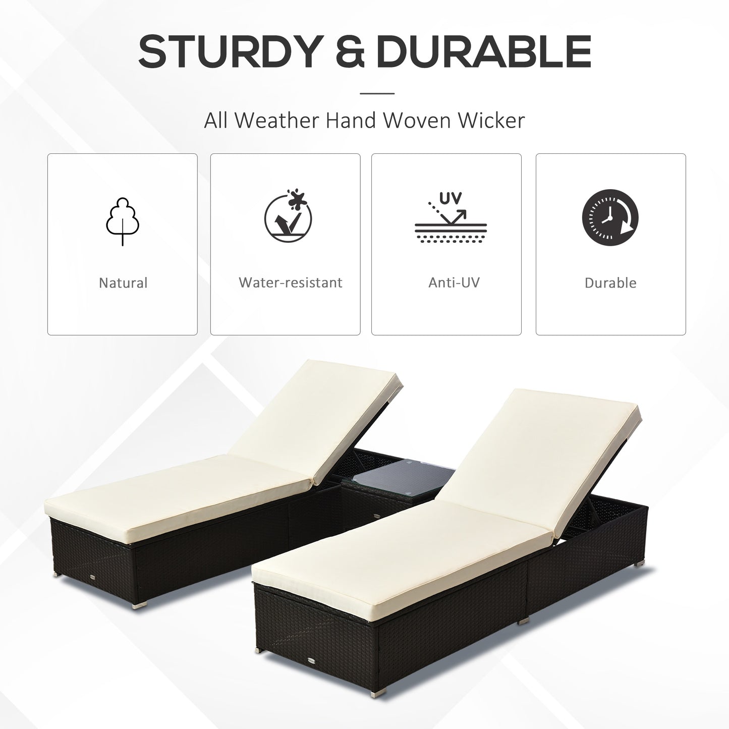 Outsunny 3PC Rattan Sun Lounger Garden Outdoor Wicker Recliner Bed Side Table Set Patio Furniture Dark Coffee