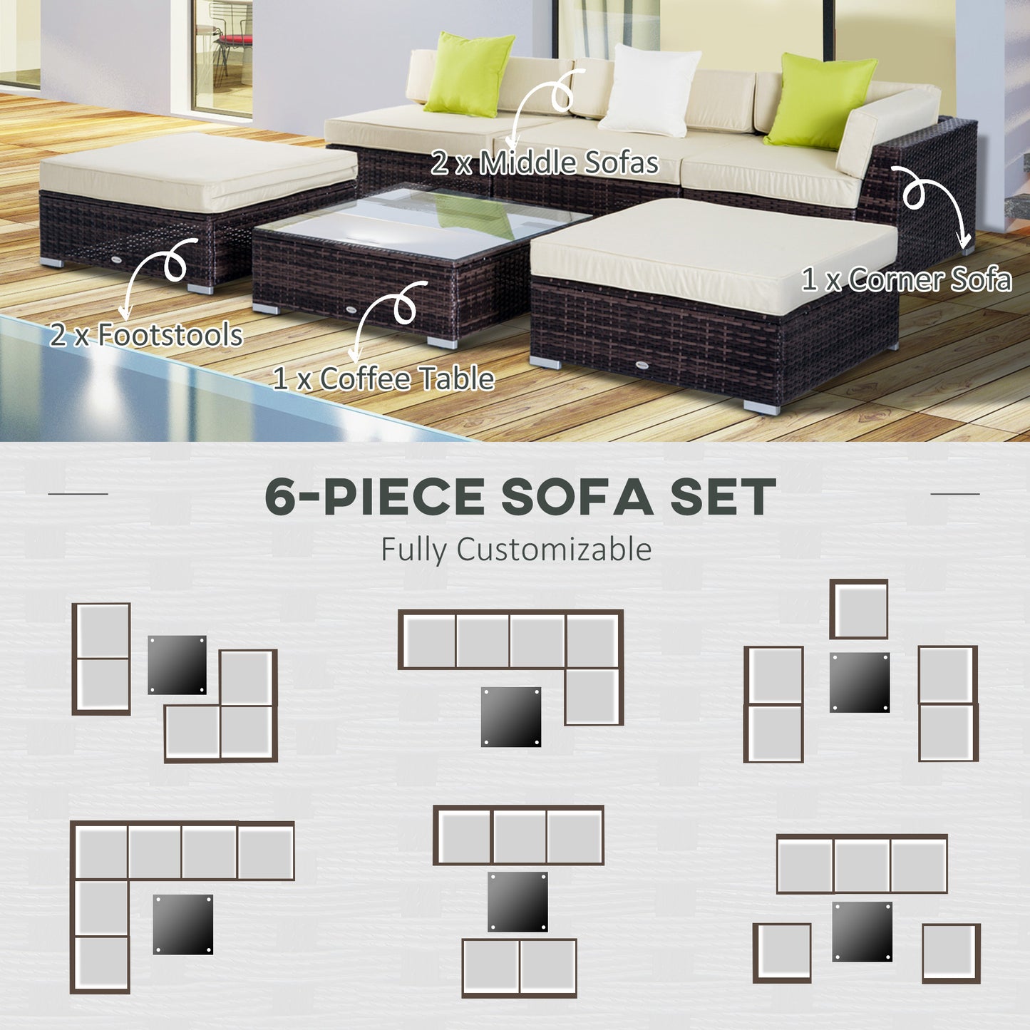 Outsunny 5-Seater Rattan Sofa Coffee Table Set Sectional Wicker Weave Furniture for Garden Outdoor Conservatory w/ Pillow Cushion Brown