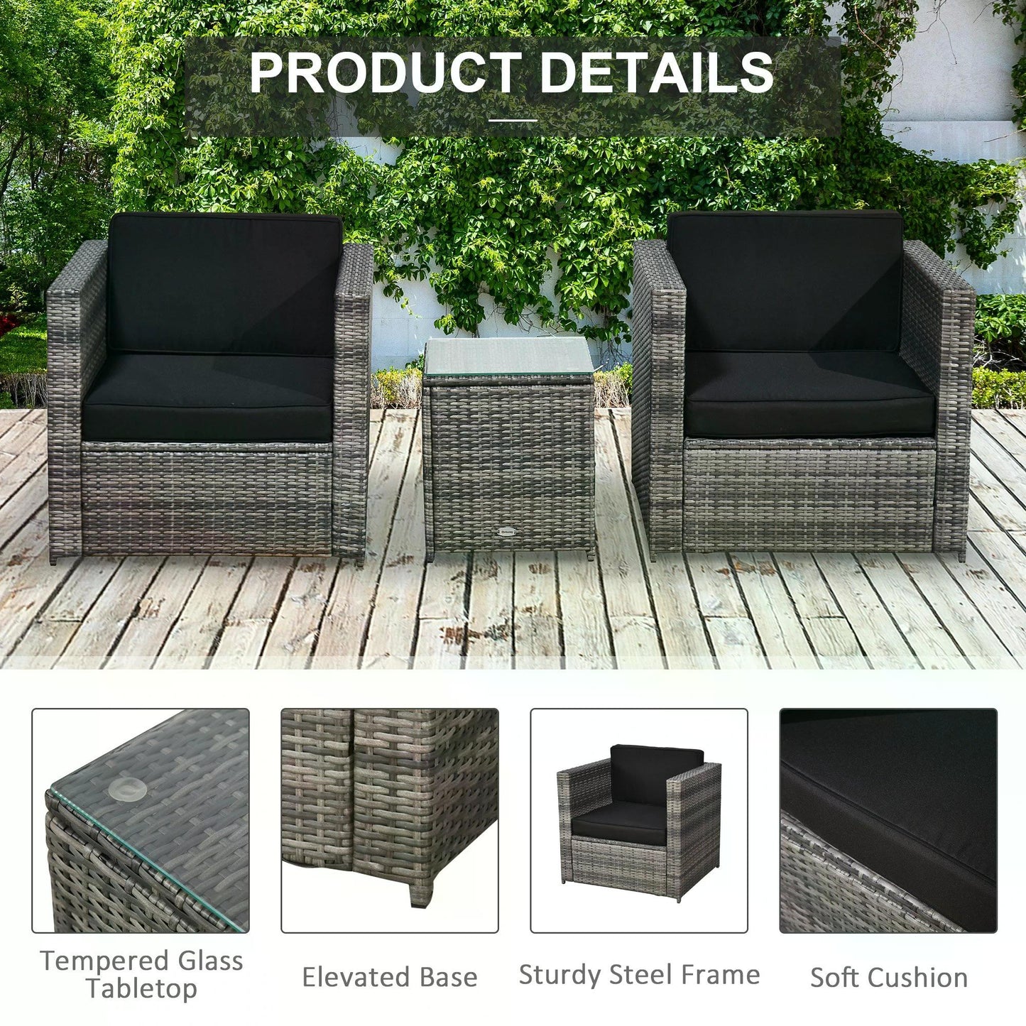 Outsunny 2 Seater Rattan Garden Furniture Sofa Furniture Set W/Cushions, Steel Frame-Grey
