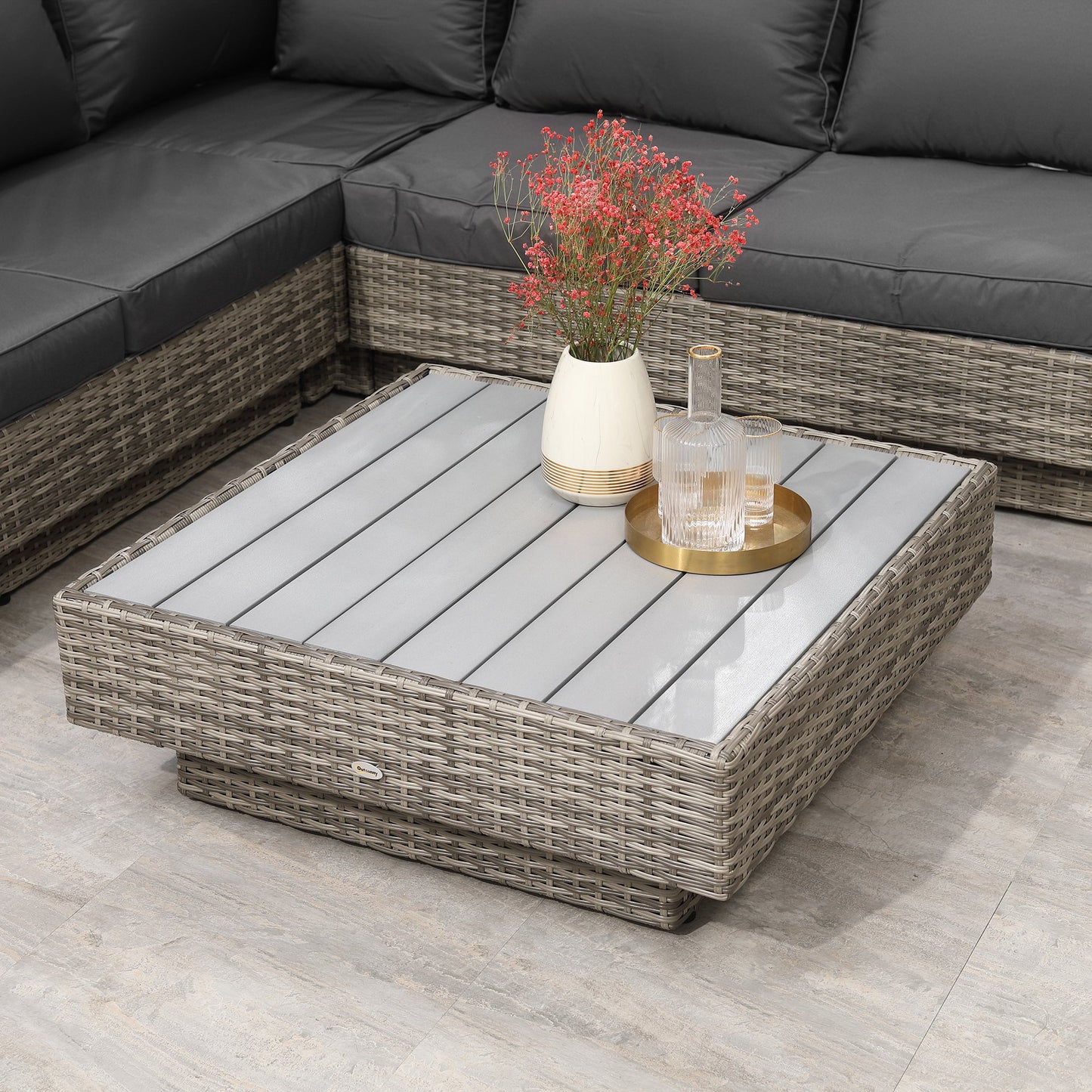 Outsunny 5-Seater Rattan Garden Furniture Outdoor Sectional Corner Sofa and Coffee Table Set Conservatory Wicker Weave w/ Armrest Cushions, Light Grey