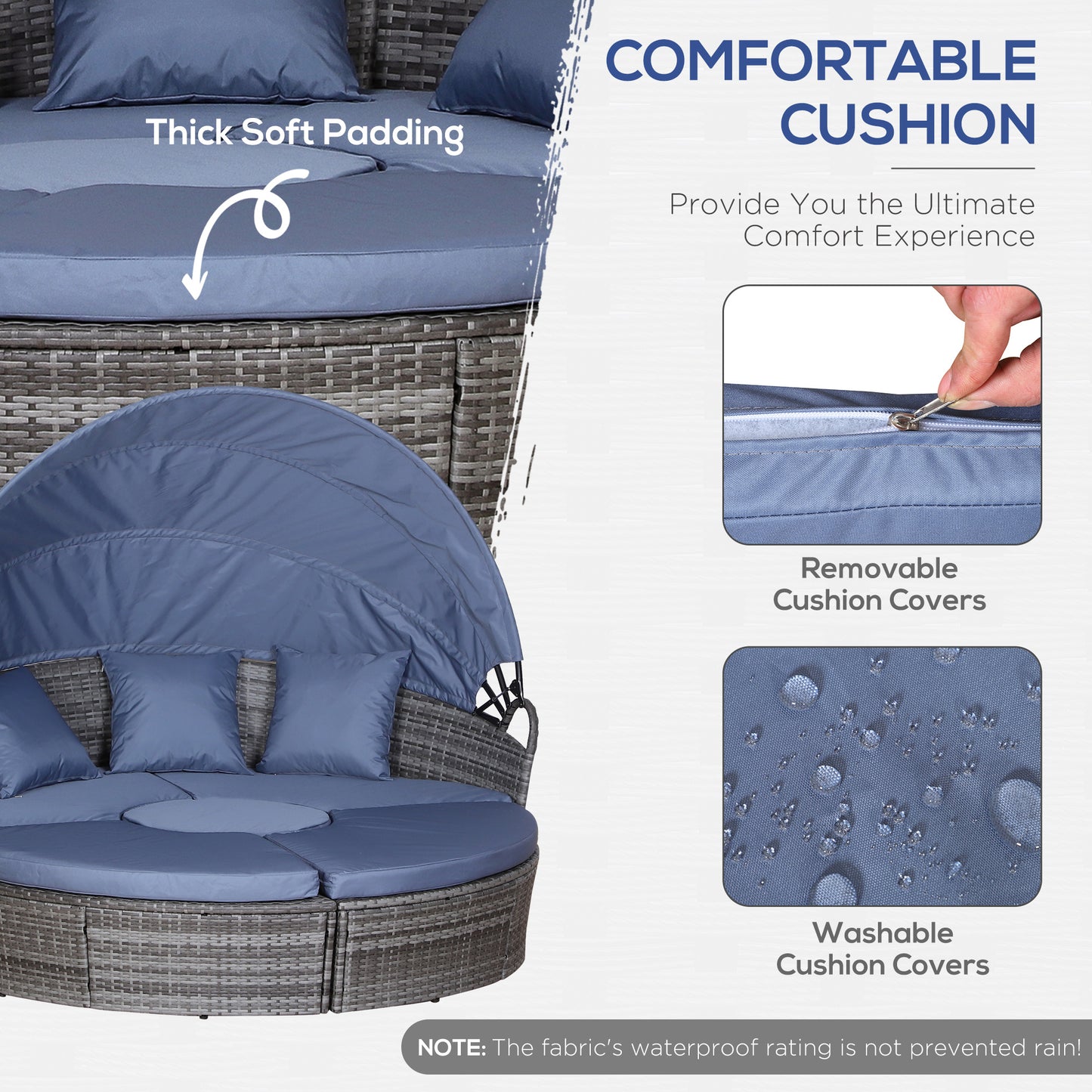 Outsunny 6-Seater Rattan Sofa Bed Garden Furniture Cushioned Wicker Round Sofa Bed with Coffee Table Patio Conversation Furniture Set - Grey