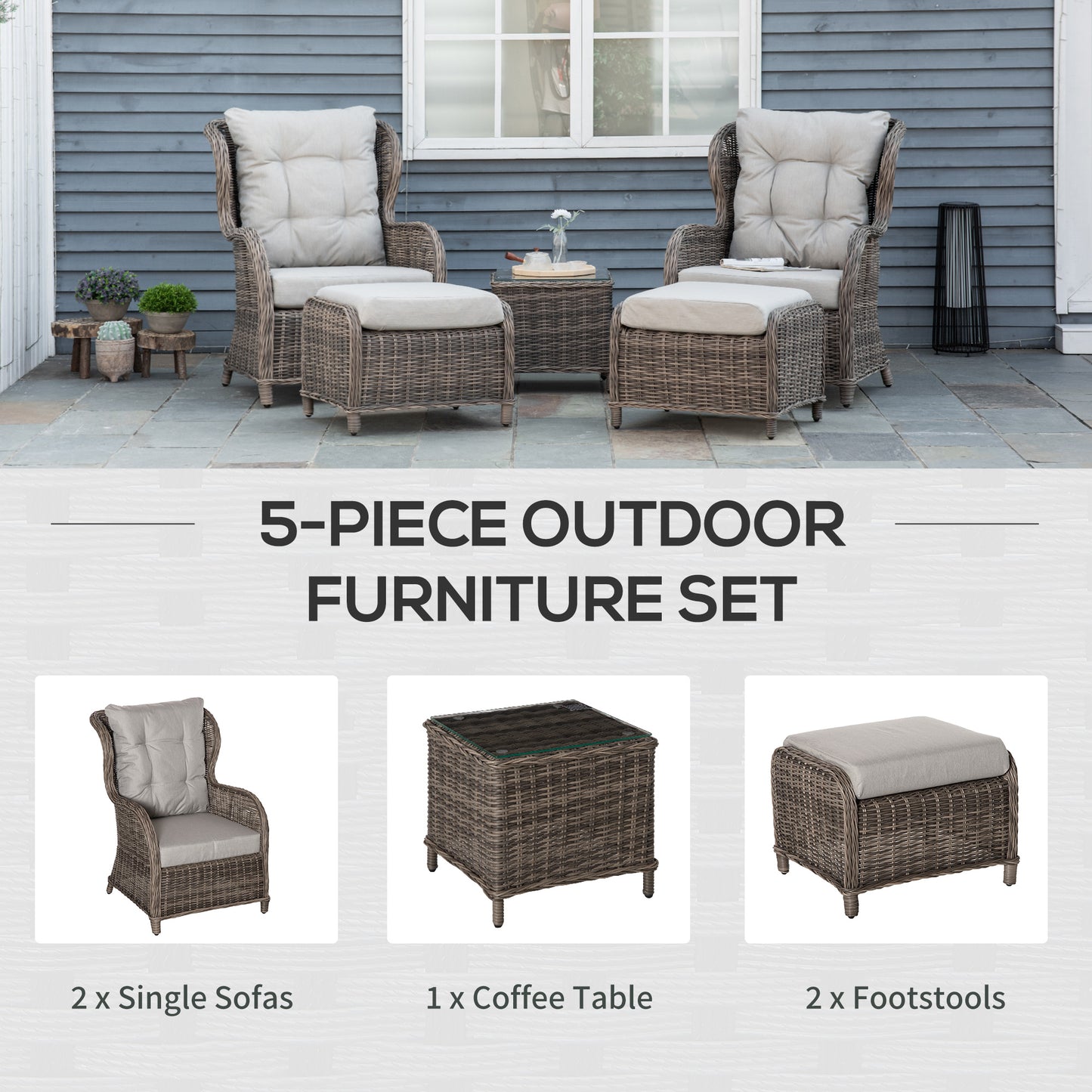 Outsunny Deluxe Garden Rattan Furniture Sofa Chair & Stool Table Set Patio Wicker Weave Furniture Set Aluminium Frame Fully-assembly - Brown
