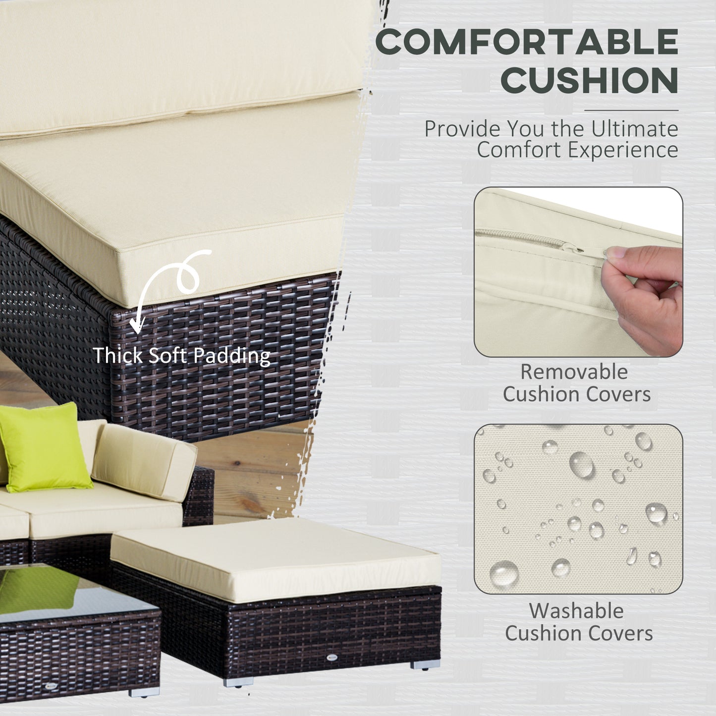 Outsunny 5-Seater Rattan Sofa Coffee Table Set Sectional Wicker Weave Furniture for Garden Outdoor Conservatory w/ Pillow Cushion Brown