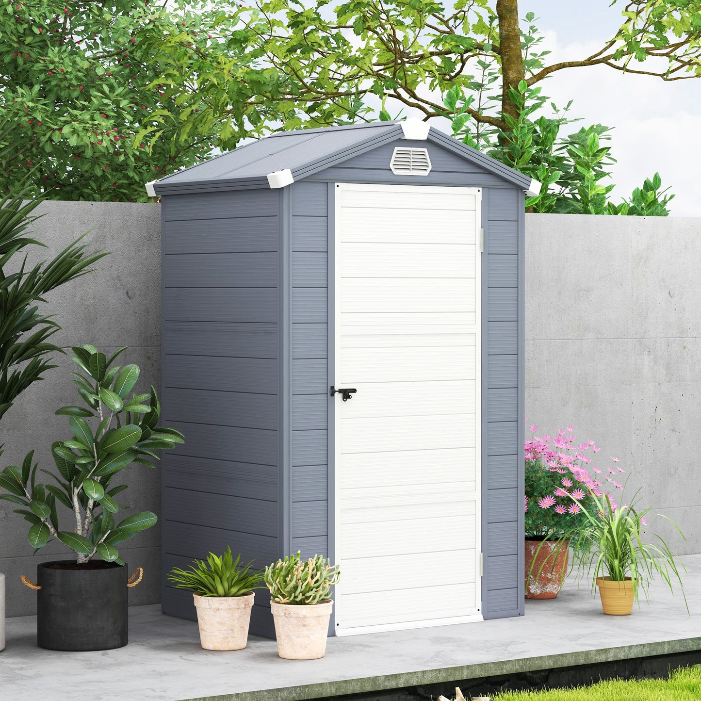 Outsunny 4 x 3ft Garden Shed with Foundation Kit, Polypropylene Outdoor Storage Tool House with Ventilation Slots and Lockable Door, Grey | Chahine & Milad UK
