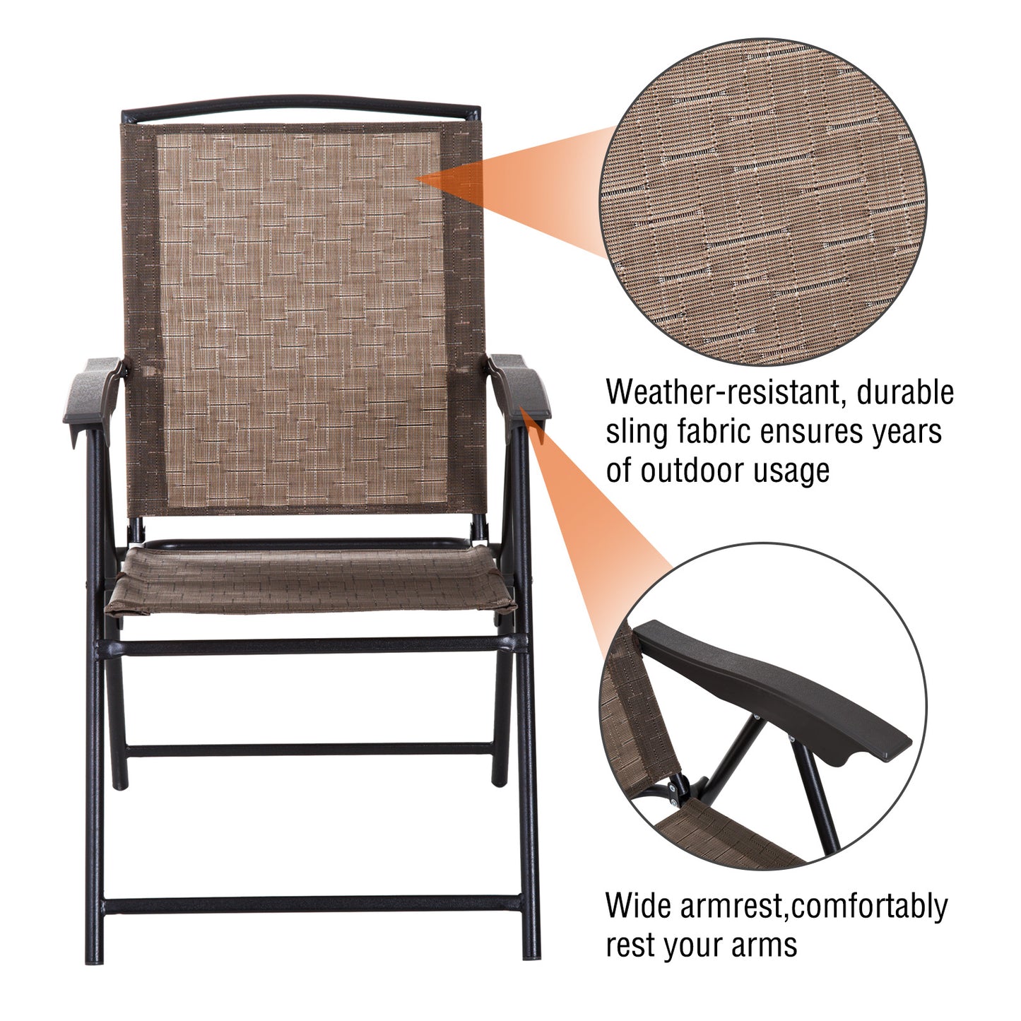 Outsunny 3 Piece Patio Furniture Garden Bistro Set Outdoor 2 Folding Chairs 1 Tempered Glass Table Adjustable Backrest Metal - Brown