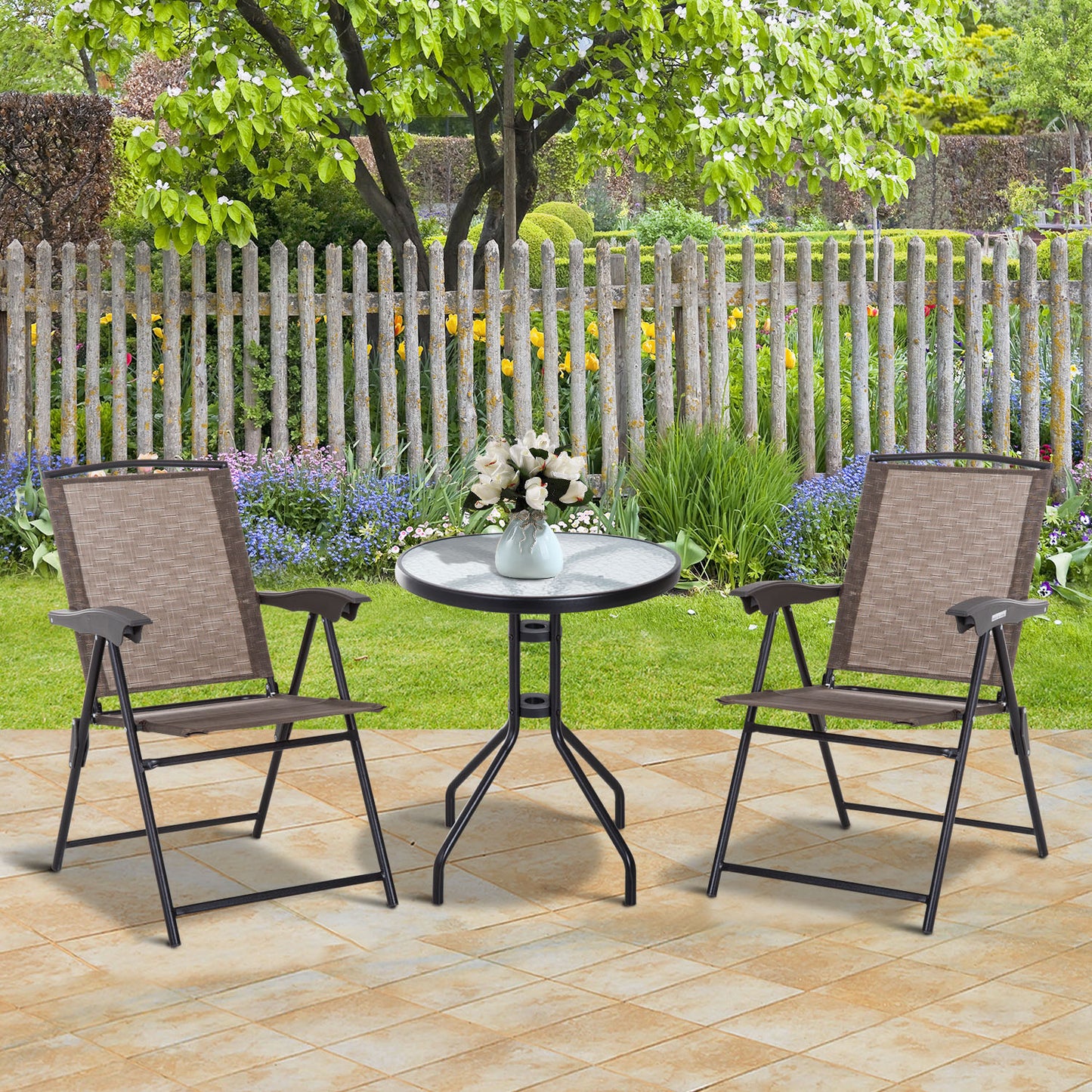 Outsunny 3 Piece Patio Furniture Garden Bistro Set Outdoor 2 Folding Chairs 1 Tempered Glass Table Adjustable Backrest Metal - Brown