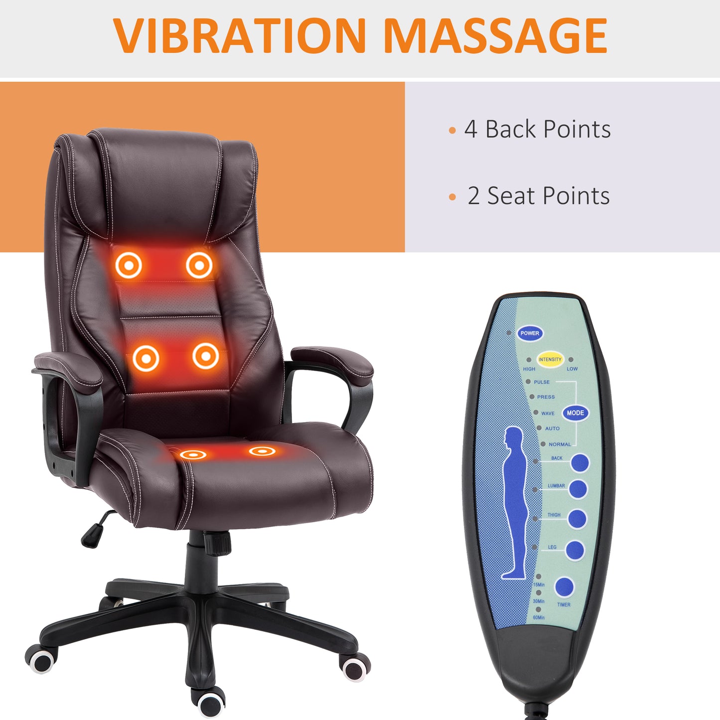 Vinsetto High Back Ergonomic Office Chair, 6-Point Vibration Massage Points, Adjustable Height, Wired Remote Controller, Brown