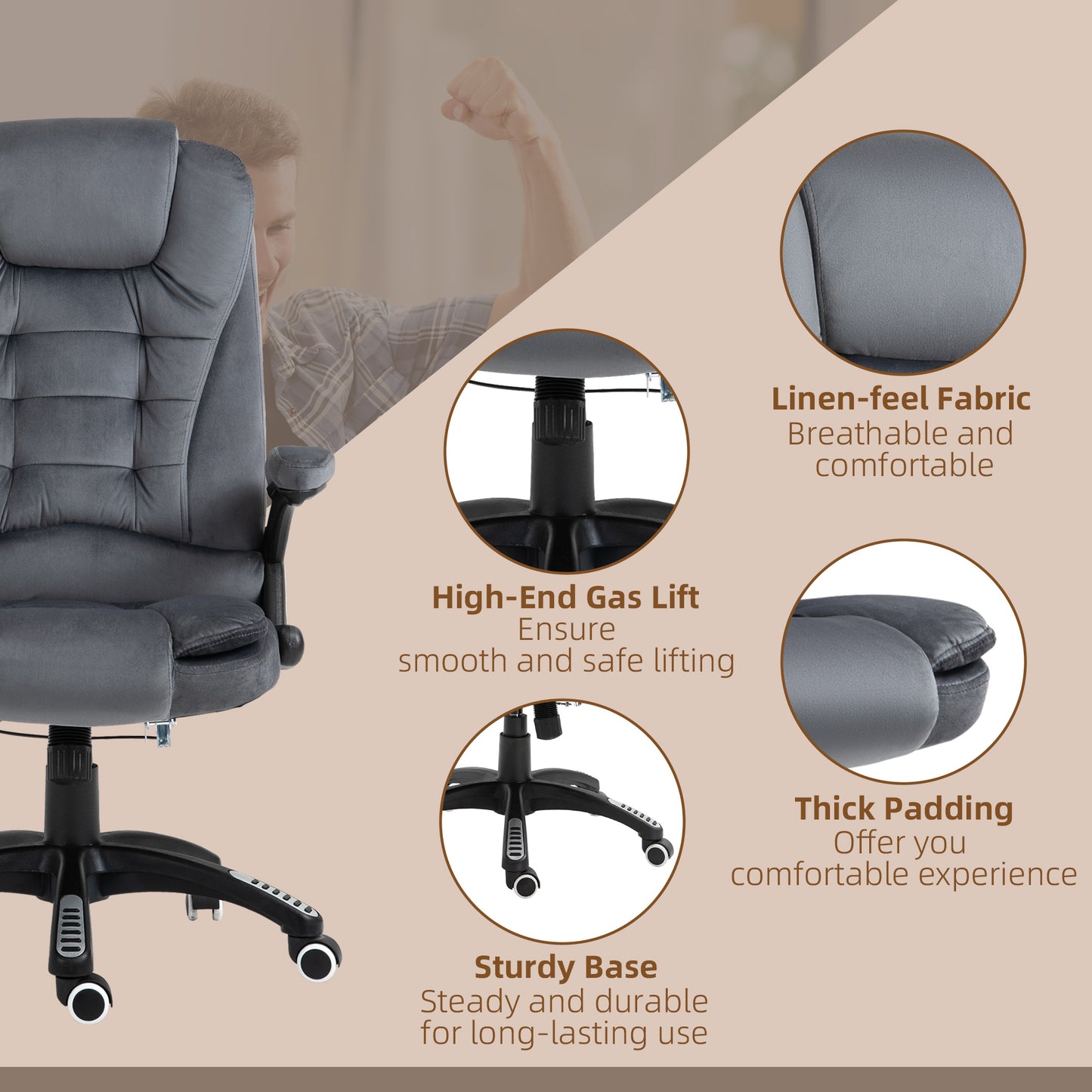 Vinsetto Heated Massage Office Chair with Six Massage Points, Reclining Office Chair with Velvet-Feel Fabric 360° Swivel Wheels, Grey