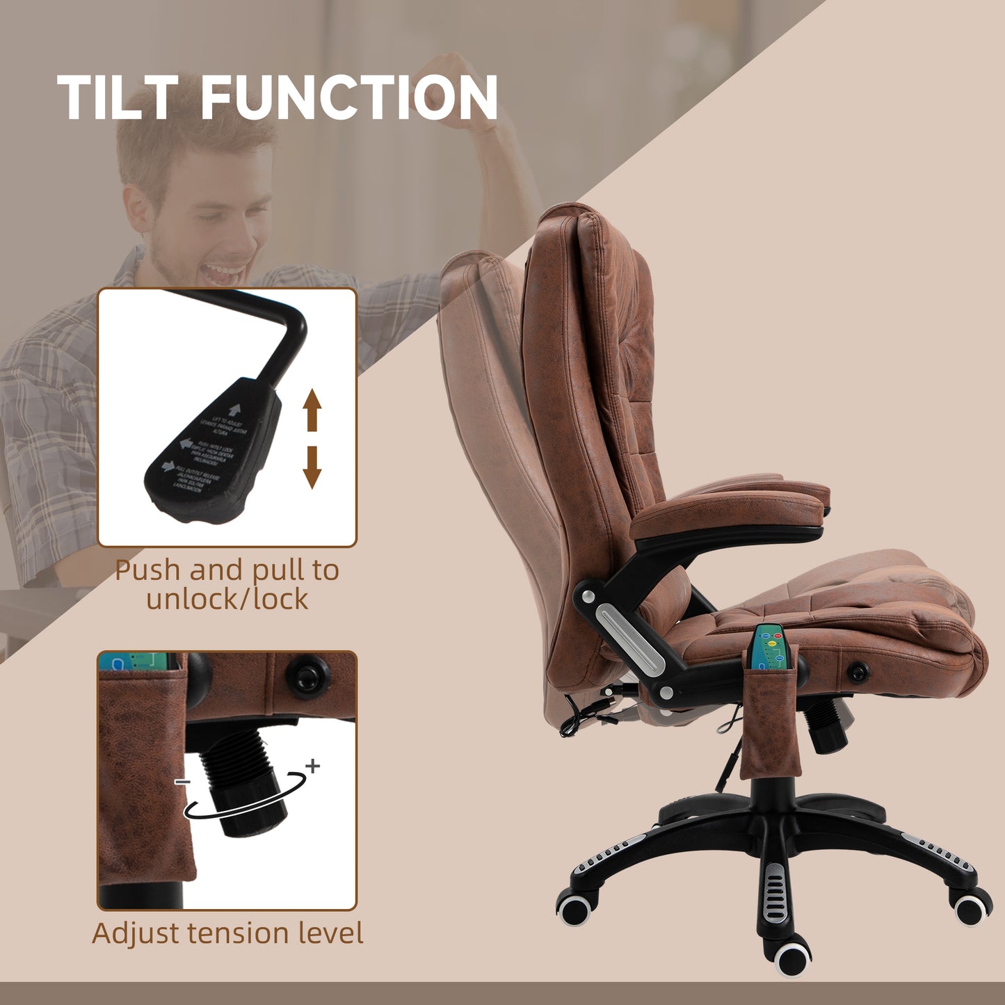 Vinsetto Massage Recliner Chair Heated Office Chair with Six Massage Points Microfiber Cloth 360° Swivel Wheels Brown