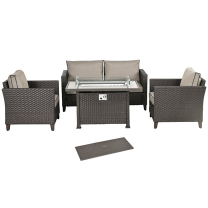 Outsunny 5-Piece Rattan Patio Furniture Set with Gas Fire Pit Table, Loveseat Sofa, Armchairs, Cushions, Pillows, Deep Brown