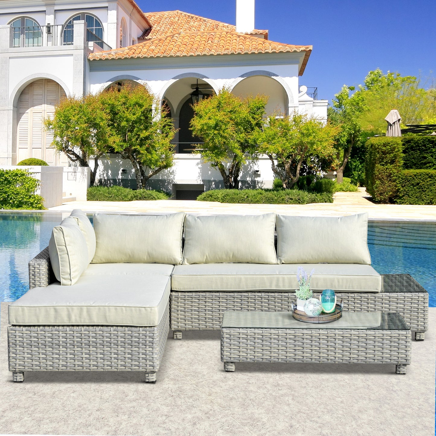 Outsunny 3 Pieces Outdoor PE Rattan Furniture Set, with Chaise Lounge, Sofa and Table, 4-Level Adjust Backrest Chaise Lounge, Mixed Grey | Chahine & Milad UK