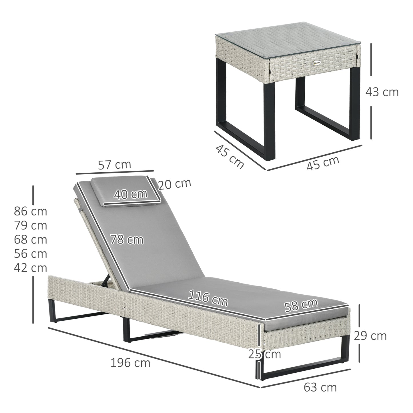 Outsunny 3-piece PE Rattan Sun Lounger Set with Adjustable 5-Position Recliner, Patio Chaise Lounge Chair Set with Cushions, Headrests, Glass Top Square Coffee Table, Light Grey