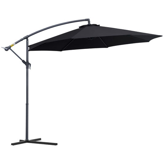 Outsunny 3(m) Garden Cantilever Parasol Patio Banana Hanging Umbrella Sun Shade with Crank & Tilt, 8 Ribs and Cross Base, Black