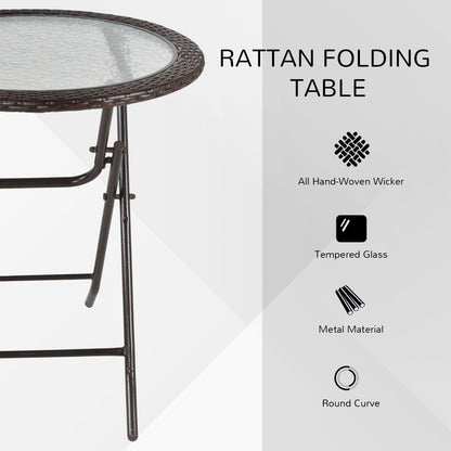 Outsunny Folding Round Tempered Glass Metal Table with Brown Rattan Edging