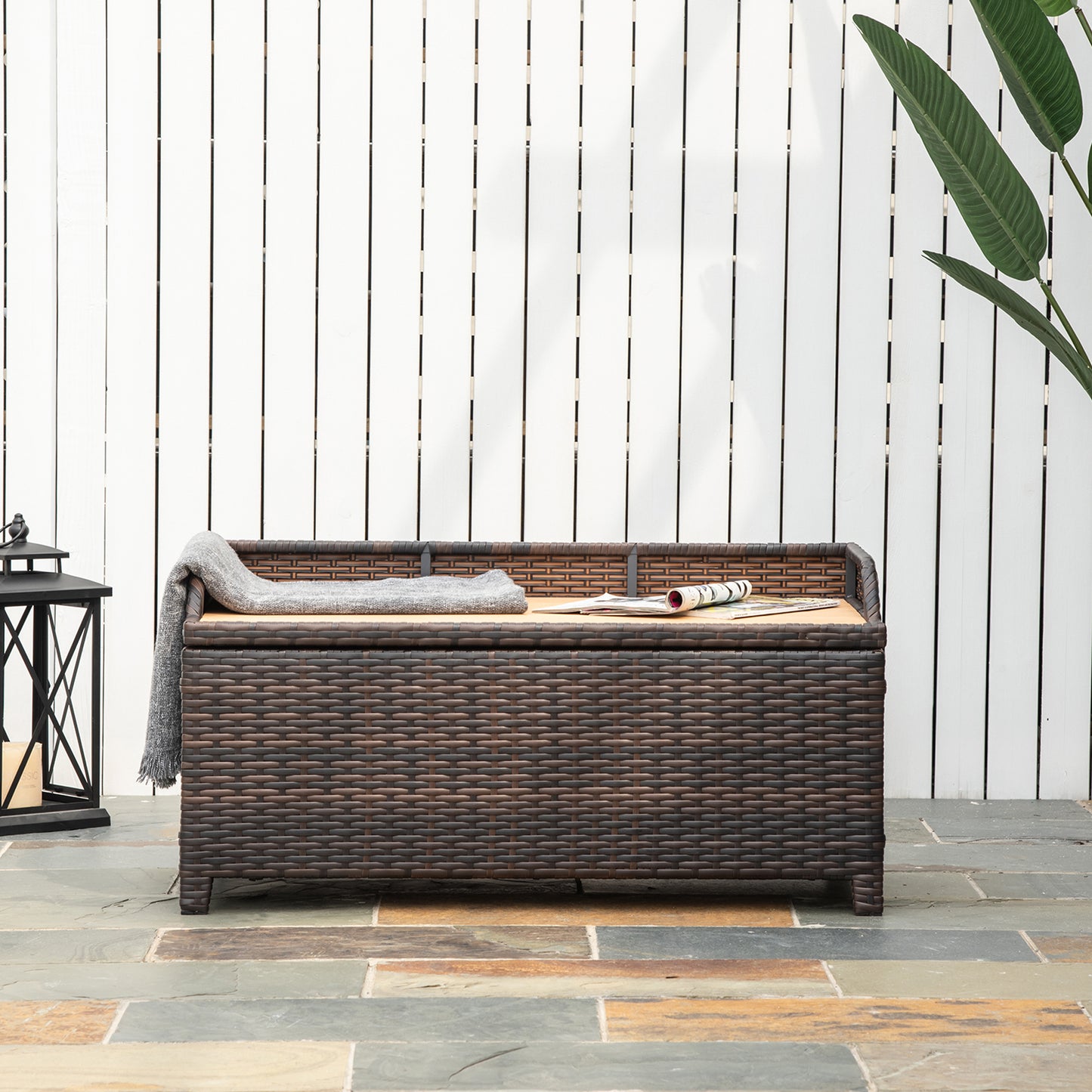 Outsunny Rattan Wicker Outdoor Storage Bench with Cushion, Brown, Patio PE Rattan, Elegant Seating and Storage Solution