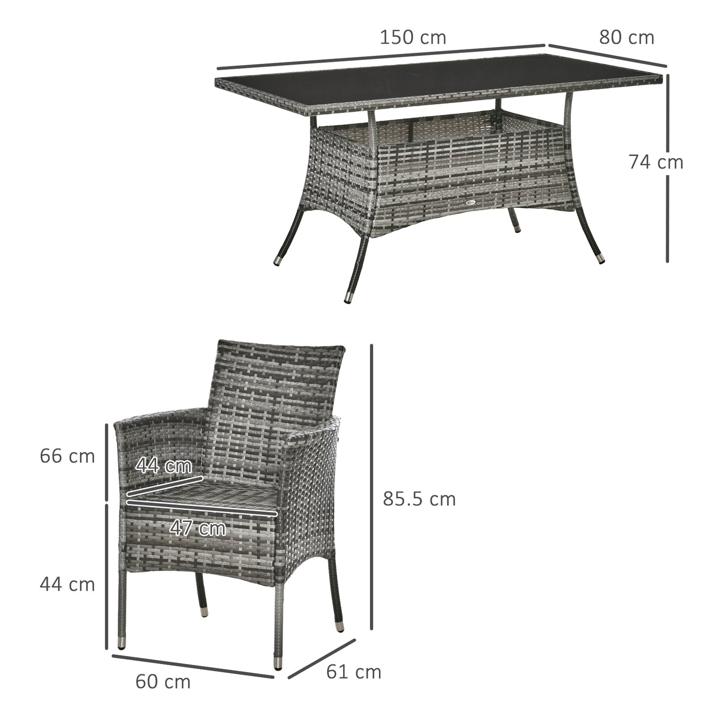 Outsunny 6-Seater Rattan Dining Set Garden Furniture Patio Rectangular Table Cube Chairs Outdoor Fire Retardant Sponge Grey