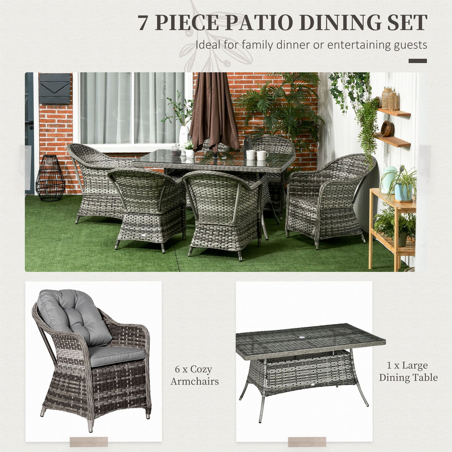 Outsunny 7 Pieces PE Rattan Dining Set Furniture Patio Wicker Furniture with Tempered Glass Table Top, Umbrella Hole and Cushions, Grey