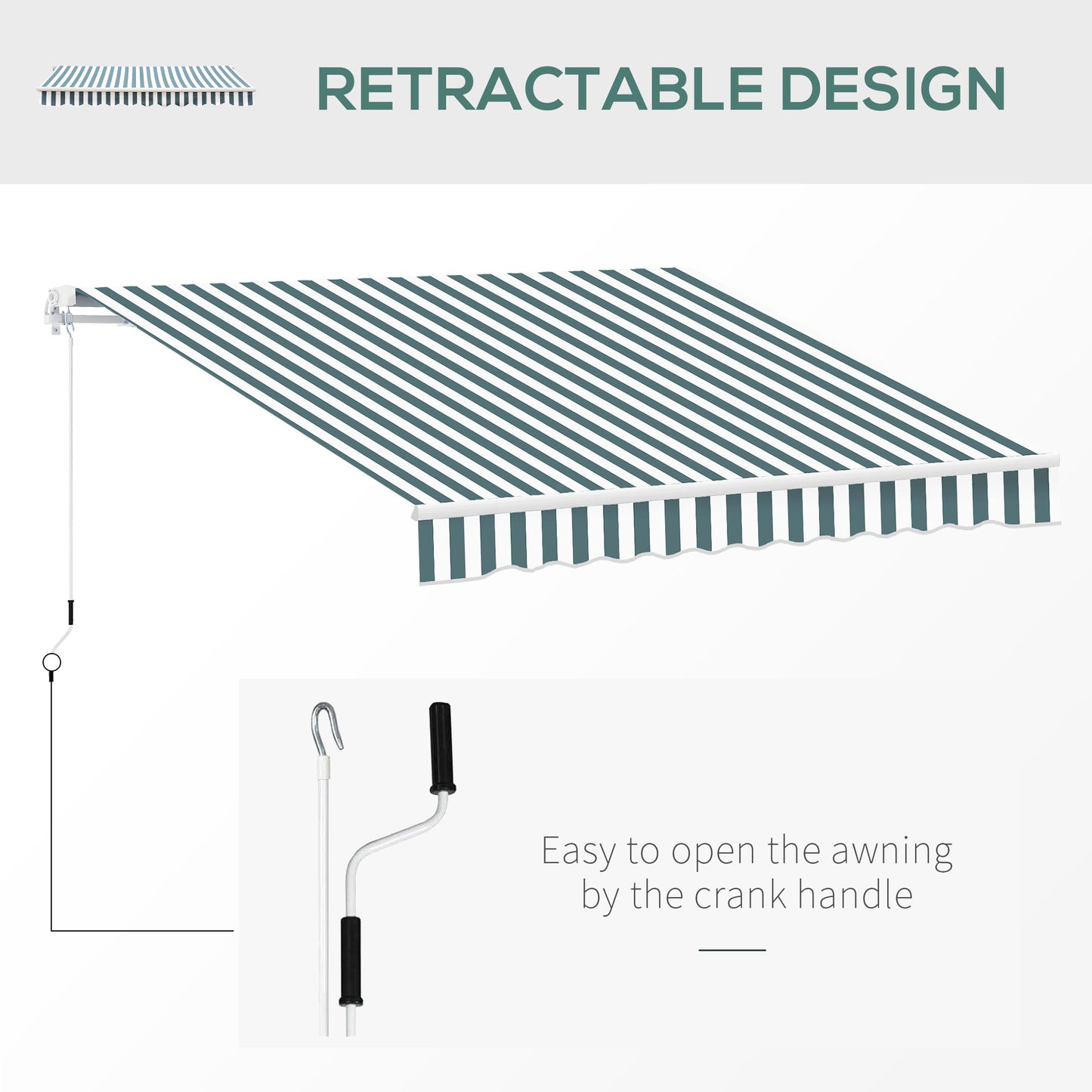 Outsunny 2.5m x 2m Garden Patio Manual Awning Canopy Sun Shade Shelter Retractable with Winding Handle Green White