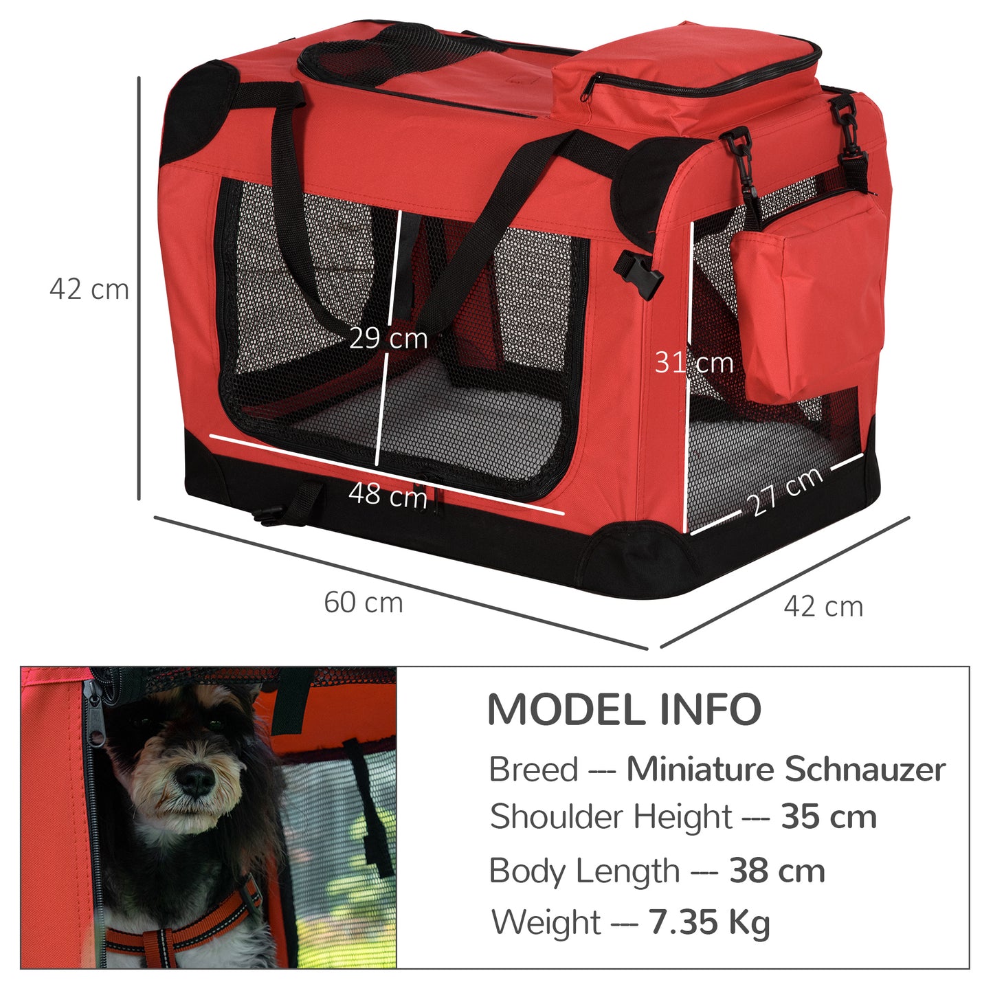 Pawhut Dog Carrier Bag Portable Cat Carrier Folding Dog Bag w/ PVC Oxford Cloth for Small and Miniature Dogs, 60 x 42 x 42 cm, Red