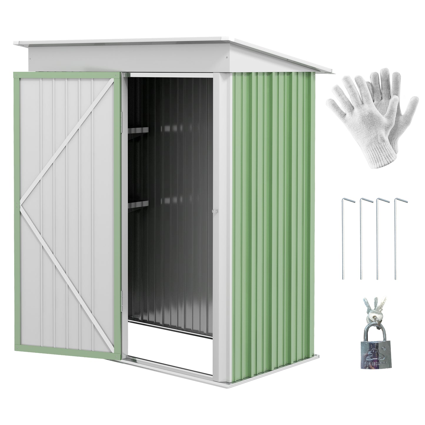 Outsunny 5'x3'x6' Metal Garden Shed Roofed Lean-to Shed for Tool Motor Bike, with Adjustable Shelf, Lock, Gloves, Green