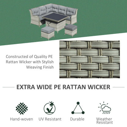 Outsunny 7-Seater Patio PE Rattan Corner Sofa w/ Adjustable Convertible Rising Table, Wicker Sectional Conversation Furniture w/ Cushions, Grey