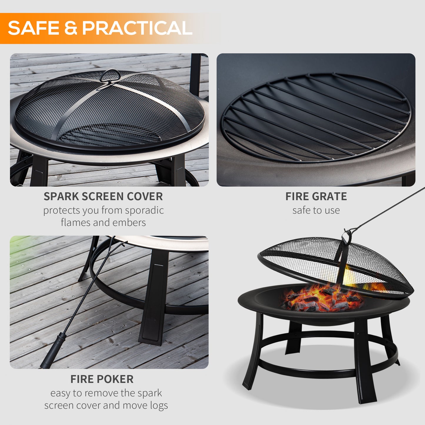 Outsunny Metal Large Firepit Bowl Outdoor Round Fire Pit w/ Lid, Log Grate, Poker for Backyard, Camping, BBQ, Bonfire, 76 x 76 x 53cm, Black