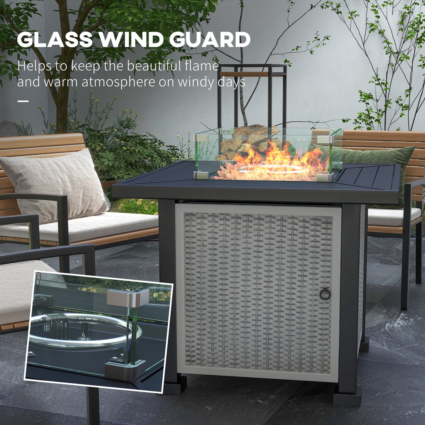 Outsunny Alfresco Ambiance: Rattan Gas Fire Pit Table, Smokeless with Glass Screen, Beads & Lid, Grey